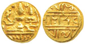 Vijayanagar Empire, Devaraya I, Gold Pagoda, 3.42g, obv. Shiva-Parvati seated, Siva holdin