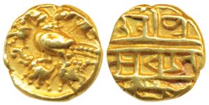 Vijayanagar Empire, Achyuta Deva Raya, Gold ½ Pagoda, 1.66g, obv. Gandabherunda (2-headed 