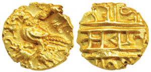 Vijayanagar Empire, Achyuta Deva Raya, Gold ½ Pagoda, 1.70g, obv. Gandabherunda (2-headed 