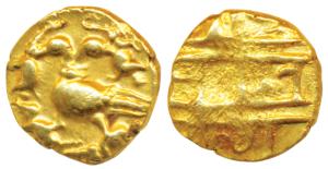 Vijayanagar Empire, Achyuta Deva Raya, Gold ½ Pagoda, 1.70g, obv. Gandabherunda (2-headed 