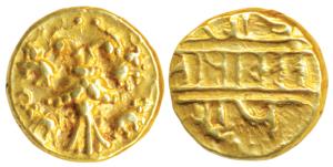 Vijayanagar Empire, Achyuta Deva Raya, Gold ½ Pagoda, 1.70g, obv. Gandabherunda (2-headed 