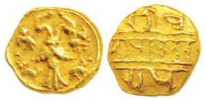 Vijayanagar Empire, Achyuta Deva Raya, Gold ½ Pagoda, 1.70g, obv. Gandabherunda (2-headed 