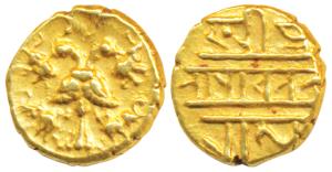 Vijayanagar Empire, Achyuta Deva Raya, Gold ½ Pagoda, 1.70g, obv. Gandabherunda (2-headed 