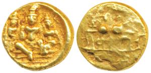 Vijayanagar Empire, Tirumala Raya, Gold ½ Pagoda, 1.7g, obv. Rama and Sita seated with Lak
