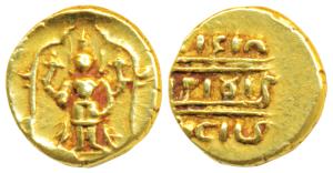 Vijayanagar Empire, Venkitapati Raya III, Gold ½ Pagoda, 1.70g, obv. Tirupati Balaji / Ven