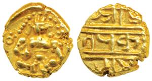 Nayakas of Chitradurga, Gold Durgi Pagoda or Hon, 3.37g, obv. Krishna as Bal Gopala, rev. 