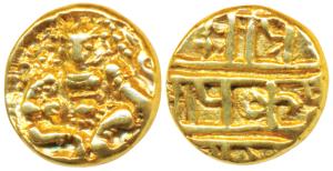 Nayakas of Chitradurga, Gold Durgi Pagoda or Hon, 3.34g, obv. Krishna as Bal Gopala, Nagar