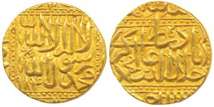 Akbar, Gold Mohur, 10.85g, Dar us-Sultanate Ahmedabad, AH 984, Kalima type, mint name at b