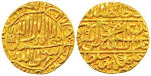 Akbar, Gold Mohur, 10.76g, Dar us-Sultanate Lahore Mint, AH 975, Kalima type, (KM 106.4). 