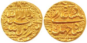Shah Jahan, Gold Mohur, 10.94g, Burhanpur Mint, AH 1045, legend within dotted square on bo