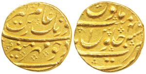 Aurangzeb, Gold Mohur, 10.94g, Nusratabad Mint, RY 4X (KM 315.39). About Extremely Fine, R