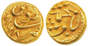 Muhammad Shah, Gold Pagoda, 2.72g, Guty Mint, AH 1168 error date, complete mint name at to