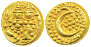 Haider Ali, Gold Pagoda, 3.43g, obv. Shiva and Parvati seated, rev. Persian letter He in g