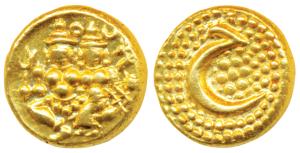 Haider Ali, Gold Pagoda, 3.43g, obv. Shiva and Parvati seated, rev. Persian letter He in g