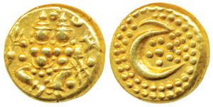 Haider Ali, Gold Pagoda, 3.42g, obv. Shiva and Parvati seated, rev. Persian letter He in g