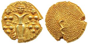 3 Swami Gold Pagoda, 3.41g, Lord Balaji standing with his wives, Bhudevi and Shridevi on e