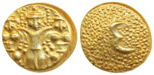 3 Swami Gold Pagoda, 3.36g, Lord Balaji standing with his wives, Bhudevi and Shridevi on e