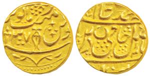 Najibabad Mint, Gold Mohur, 10.49g, in the name of Shah Alam II, RY 37, vertical fish as m