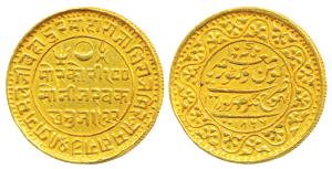 Pragmalji II, Gold 100 Kori, 18.69g, with the name of Queen Victoria, VS 1922, 1866 AD (KM