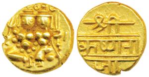 Krishna Raja Wodeyar, Gold Pagoda, 3.43g, Shiva and Parvati on obv; rulers name in Nagari 