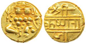 Krishna Raja Wodeyar, Gold Pagoda, 3.41g, Shiva and Parvati on obv; rulers name in Nagari 