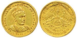 Rama Varma V (ME 1057-1062, 1880-1885 AD), Gold Sovereign, 7.95g, ME 1881, obv. bust of th