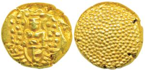 Negapatnam, Gold Pagoda, 3.37g, Lazy J with Lord Vishnu standing, facing front on obv., gr