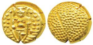 Negapatnam, Gold Pagoda, 3.44g, Lazy J with Lord Vishnu standing, facing front on obv., gr
