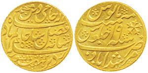 Murshidabad Mint, Gold Mohur, 12.32g, in the name of Shah Alam II, AH 1202/19, oblique mil