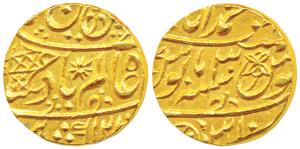 Muhammadabad Banaras Mint, Gold Mohur, 10.84g, in the name of Shah Alam II, fish, sun-burs