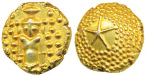 Star Gold Pagoda, 3.34g, single Swami (Balaji-Tirupati) standing facing front on obv., sta