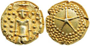 Star Gold Pagoda, 3.39g, single Swami (Balaji-Tirupati) standing facing front on obv., sta