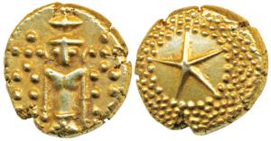 Star Gold Pagoda, 3.37g, single Swami (Balaji-Tirupati) standing facing front on obv., sta
