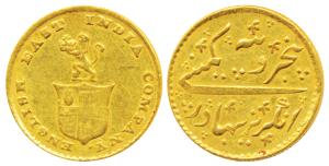 Gold Rupees 5 or 1/3 Mohur, 3.87g, obv. company arms with a lion holding a crown, rev. Per
