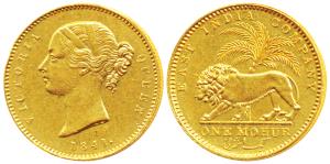 Victoria Queen, Gold Mohur, 11.64g, 1841, Divided legend, WW incused on truncation, cross 
