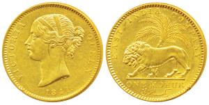 Victoria Queen, Gold Mohur, 1841, Divided legend, WW incused on truncation, cross bar of n