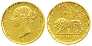 Victoria Queen, Gold Mohur, 1841, Divided legend, WW incused on truncation, cross bar of n