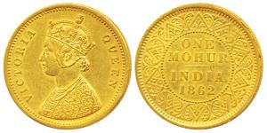 Victoria Queen, Gold Mohur, 1862, single flower in bottom panel of jabot, without V in Jab