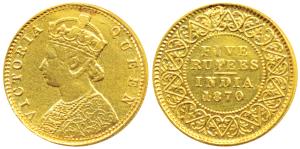 Victoria Queen, Gold Rupees 5, 3.7g, 1870, Mature bust, (Prid 36). Ex-mount, Very Fine, Ra