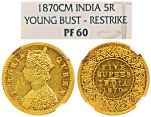Victoria Queen, Gold Rupees 5, 1870, Calcutta Mint, Young bust, with ’CM’ in Jabbot (Prid 