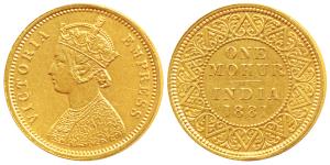 Victoria Empress, Gold Mohur, 1881, V in Jabbot (Prid 22). About Extremely Fine, Rare.