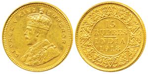 George V, Gold 15 Rupees, 1918, Bombay Mint, (Prid 25, KM 525). About Extremely Fine, Rare