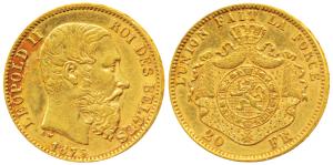 Belgium, Leopold II, Gold 20 Francs, 6.5g, 1874 (KM 37). About Extremely Fine.