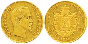 France, Napoleon III, Gold 100 Francs, 32.21g, 1858A, Paris Mint, obv. bare head l. by Bar