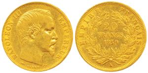 France, Napoleon III, Gold 20 Francs, 6.44g, 1859 A, Paris Mint, obv. bare head, rev. valu