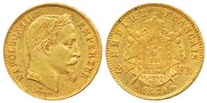 France, Napoleon III, Gold 20 Francs, 6.44g, 1869 BB, Paris Mint, obv. laureate head, rev.