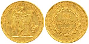 France, Gold 20 Francs, 6.43g, 1889, obv. standing winged Genius writing the constitution 
