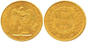 France, Gold 20 Francs, 6.43g, 1897, obv. standing winged Genius writing the constitution 