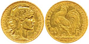 France, Gold 20 Francs, 6.5g, 1908, Liberty on obv. rooster divides value on rev. (KM 857)