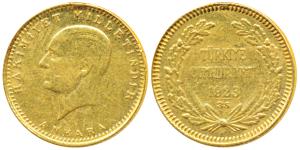 Turkey, Ataturk, Gold 50 Kurush, 3.58g, Ankara Mint, 1923 AD (KM 853). Ex-mount, Very Fine